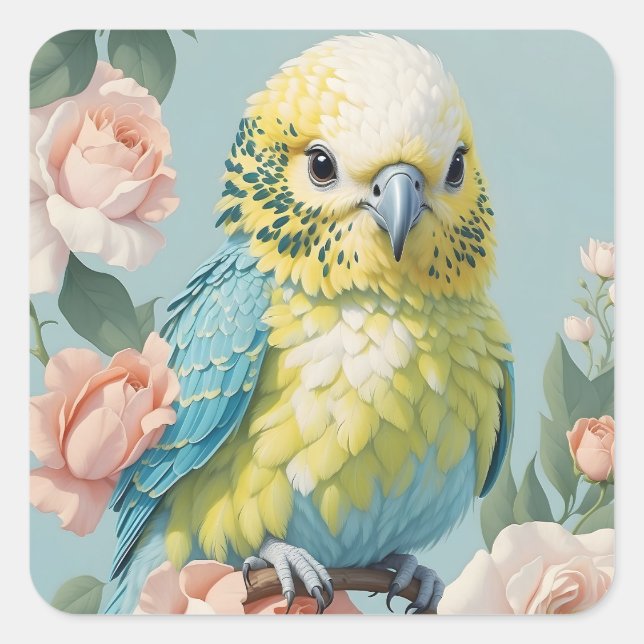 Cute Yellow And Blue Baby Budgie Parakeet Bird Square Sticker (Front)