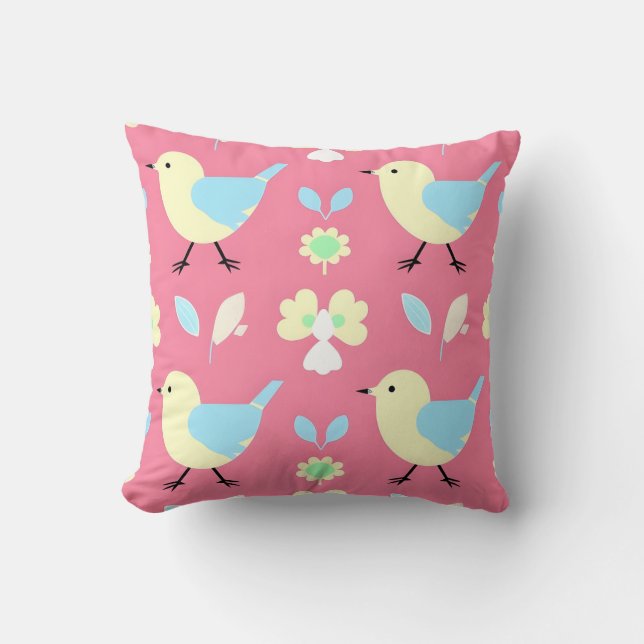 Cute Yellow and Blue Bird Pattern Throw Pillow (Front)