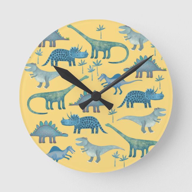 Cute Yellow and Blue Dinosaurs Round Clock (Front)
