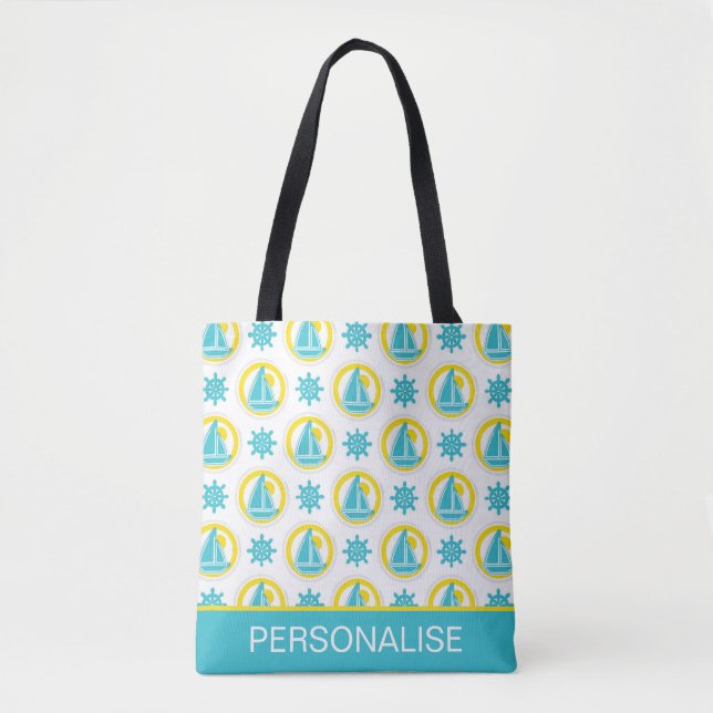 Cute Yellow and Blue Nautical Pattern Personalised Tote Bag (Front)