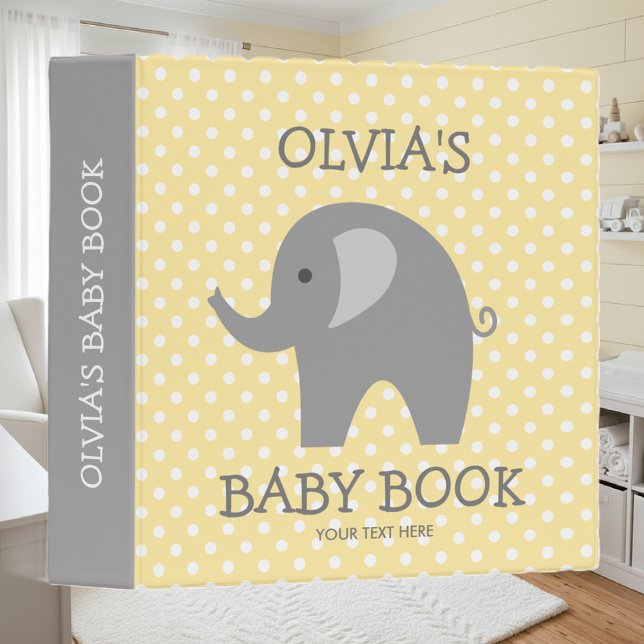 Cute yellow and grey elephant new baby binder book (Creator Uploaded)