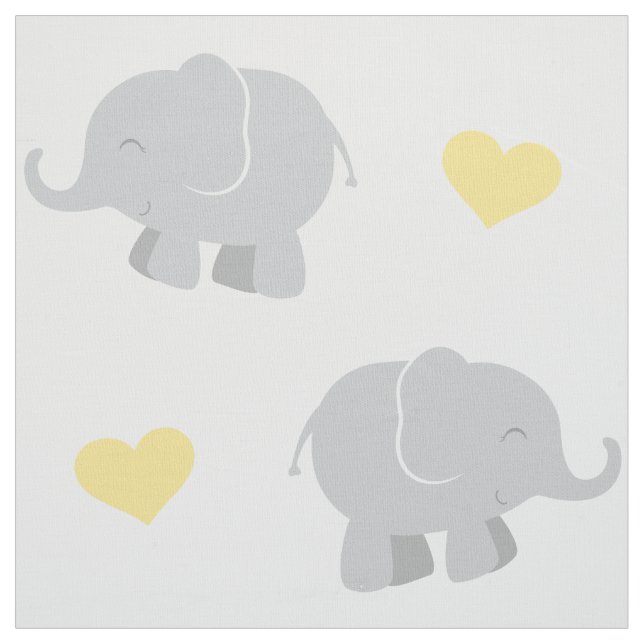 Cute Yellow and Grey Elephants and Hearts Pattern Fabric (Swatch)