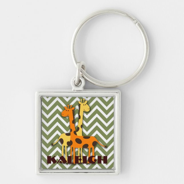 Cute Yellow and Orange Giraffe on Green Keychain (Front)