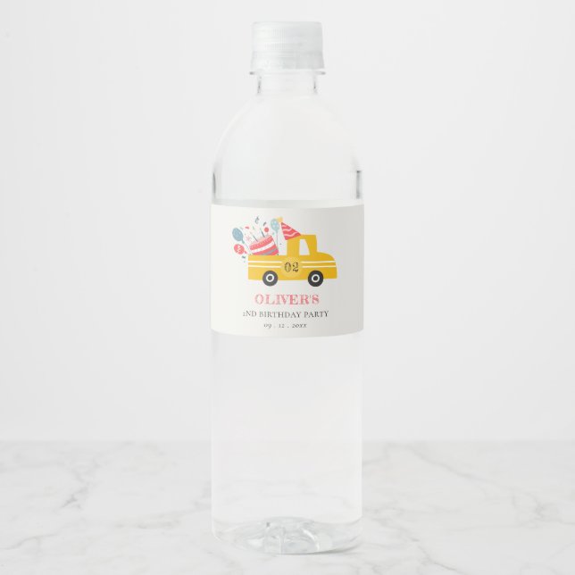 Cute Yellow Any Age Birthday Party Cake Truck Water Bottle Label (Front)