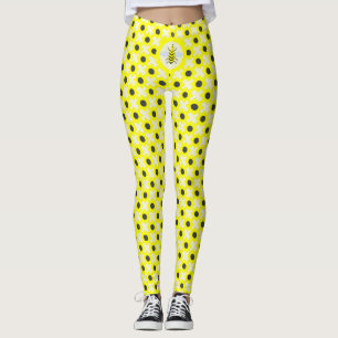 Cute Yellow Baby Bee and Flowers Leggings