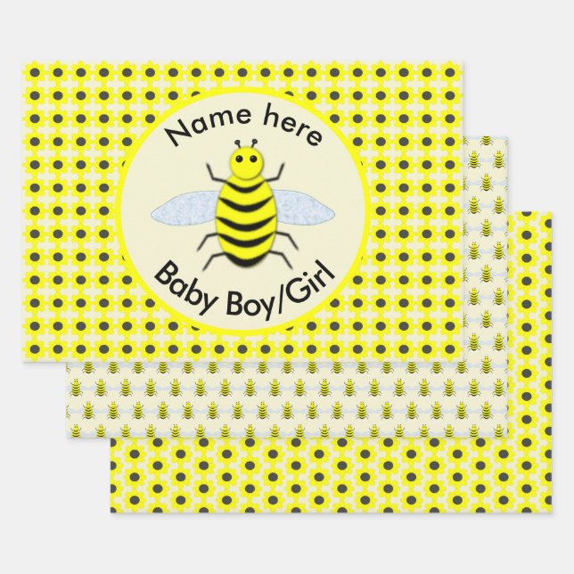 Cute Yellow Baby Bee Gender Neutral Custom Wrapping Paper Sheet (Set)