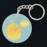 Cute Yellow Baby Chick in Egg Shell Keychain<br><div class="desc">Adorable cartoon of a yellow baby chick with sparkling eyes in an egg shell. Background can be changed to your colour of choice using the background option. The young bird has two hearts around it and a speech bubble which you can customise to your own word. For example, you can...</div>