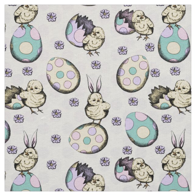Cute Yellow Baby Chicks & Polka Dot Easter Eggs  Fabric (Swatch)