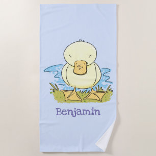 Cute yellow baby duckling cartoon illustration beach towel