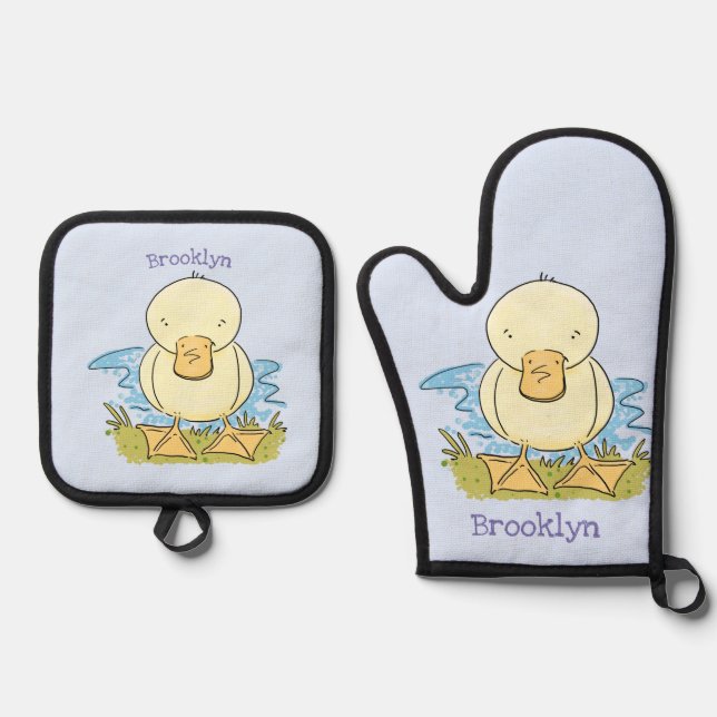 Cute yellow baby duckling cartoon illustration oven mitt & pot holder set (Front)