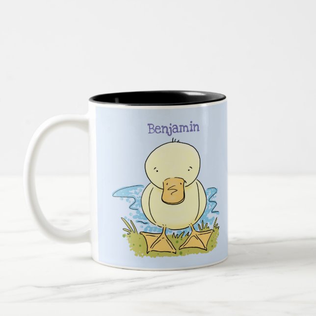 Cute yellow baby duckling cartoon illustration Two-Tone coffee mug (Left)