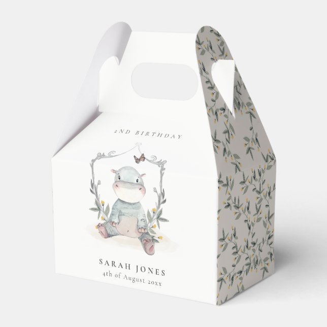 Cute Yellow Baby Hippo Foliage Any Age Birthday Favor Box (Front Side)