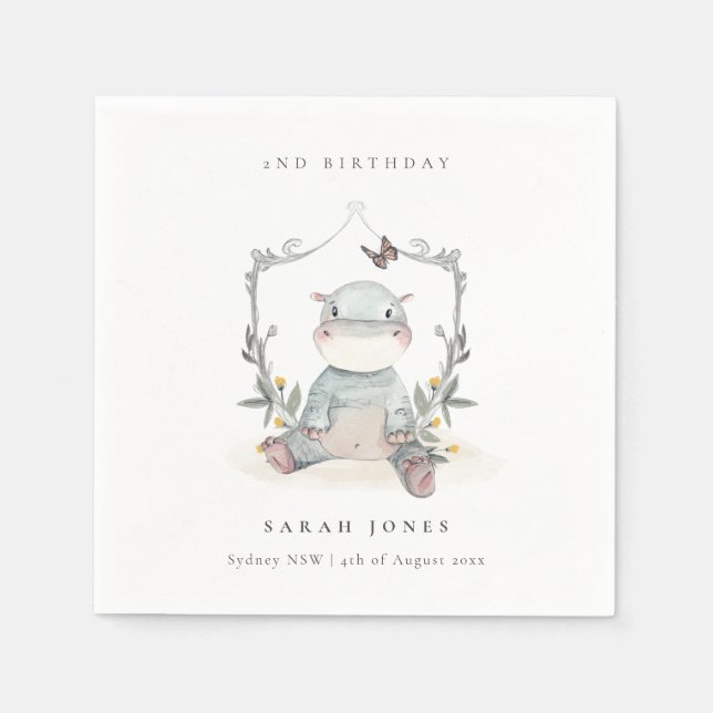 Cute Yellow Baby Hippo Foliage Any Age Birthday Napkin (Front)