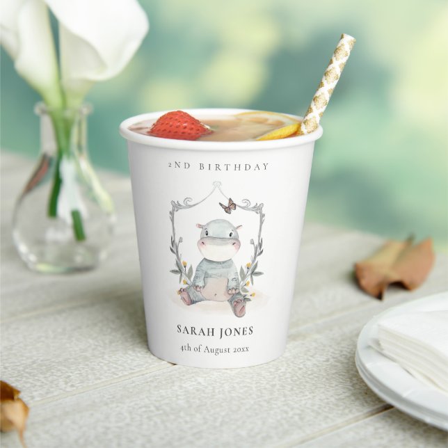 Cute Yellow Baby Hippo Foliage Any Age Birthday Paper Cups (Insitu)