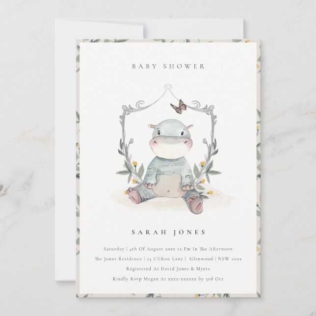 Cute Yellow Baby Hippo Foliage Baby Shower Invite (Front)