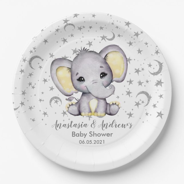 Cute Yellow Baby Shower Elephant Paper Plate (Front)