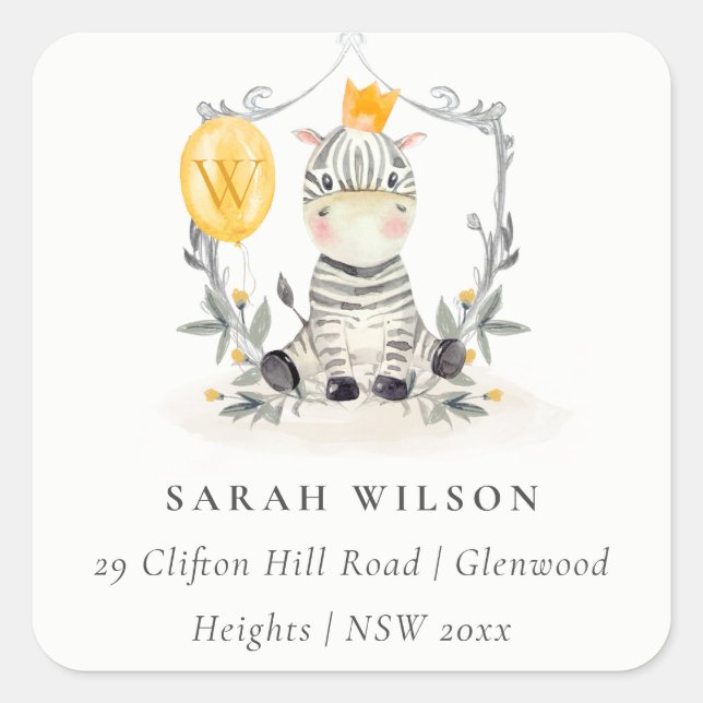 Cute Yellow Baby Zebra Foliage Balloon Address Square Sticker (Front)