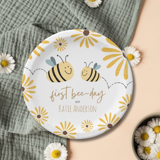 Cute Yellow Bee and Sunflower First Bee-day Paper Plate (Creator Uploaded)