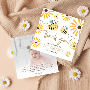 Cute Yellow Bee and Sunflower First Bee-day Photo Thank You Card