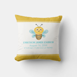 Cute Yellow Bee Birth Stats Throw Pillow