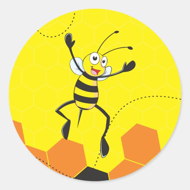 Cute Yellow Bee Jumping Hurray Hoorah Classic Round Sticker (Front)