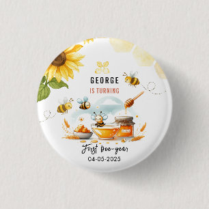Cute Yellow Bee & Sunflower 1st Bee-Day Birthday 1 Inch Round Button
