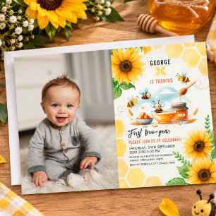 Cute Yellow Bee & Sunflower 1st Bee-Day Birthday Invitation