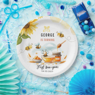 Cute Yellow Bee & Sunflower 1st Bee-Day Birthday Paper Plate
