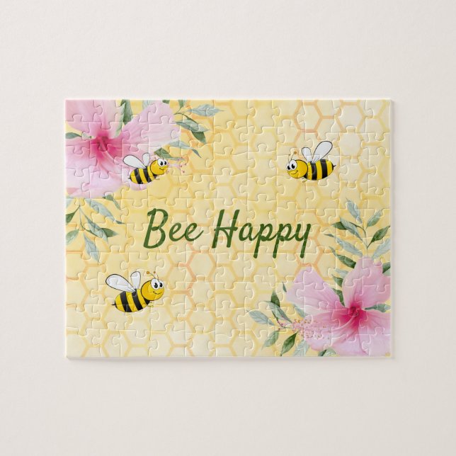 Cute Yellow bees pink tropical flowers Summer Jigsaw Puzzle (Horizontal)