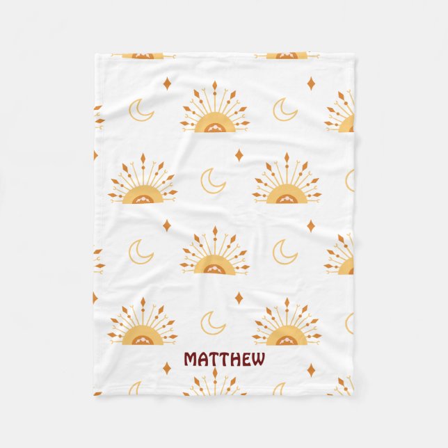 Cute Yellow Boho Celestial Seamless Pattern Fleece Blanket (Front)