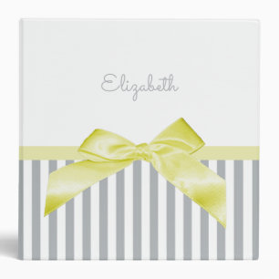 Cute Yellow Bow With Girly Grey Stripes and Name Binder