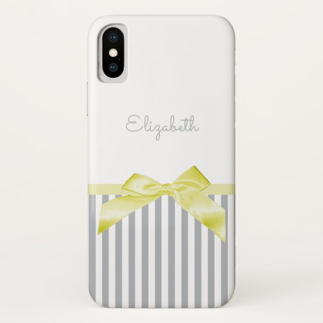 Cute Yellow Bow With Girly Grey Stripes and Name Case-Mate iPhone Case (Back)