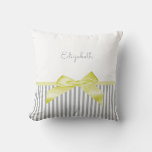 Cute Yellow Bow With Girly Grey Stripes and Name Throw Pillow