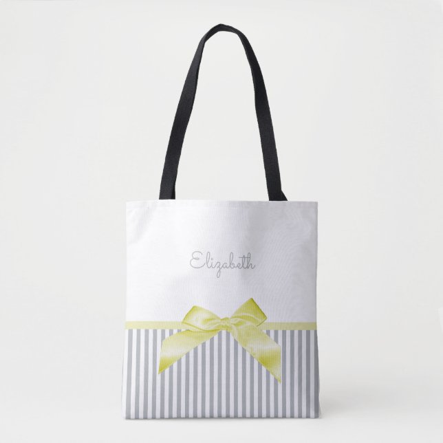 Cute Yellow Bow With Girly Grey Stripes and Name Tote Bag (Front)