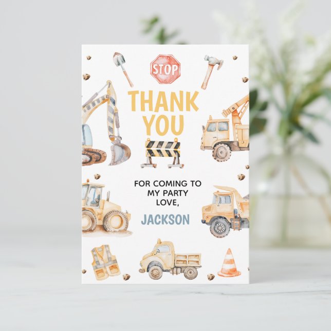 Cute Yellow Boys Construction Dirty 3rdy Birthday Thank You Card (Standing Front)