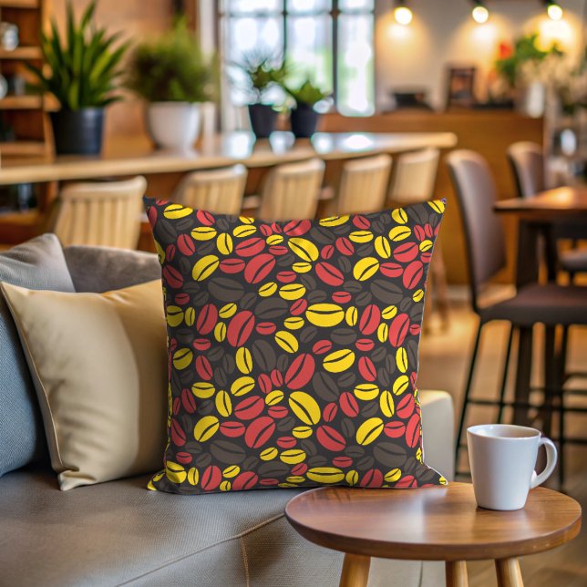 Cute Yellow Brown and Red  Coffee Bean Throw Pillow (Coffee bean pattern throw pillow)