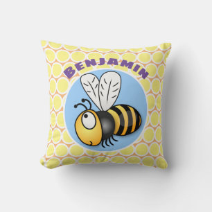Cute yellow bumble bee cartoon illustration throw pillow
