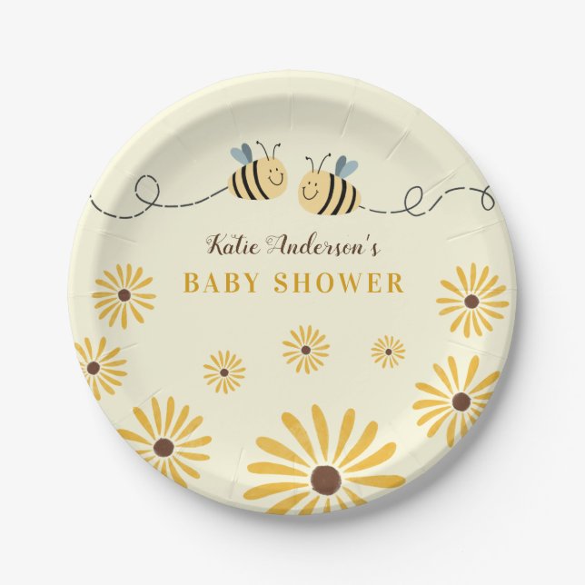 Cute Yellow Bumblebee and Sunflowers Baby Shower Paper Plate (Front)