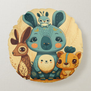 Cute yellow cartoon animals Round Pillow