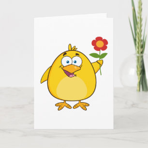 Cute Yellow Cartoon Chick with Flower Card