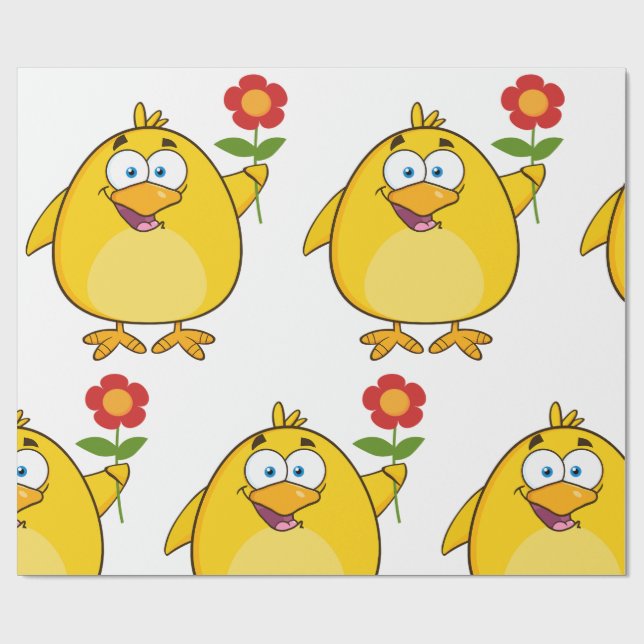Cute Yellow Cartoon Chick with Flower Wrapping Paper (Flat)
