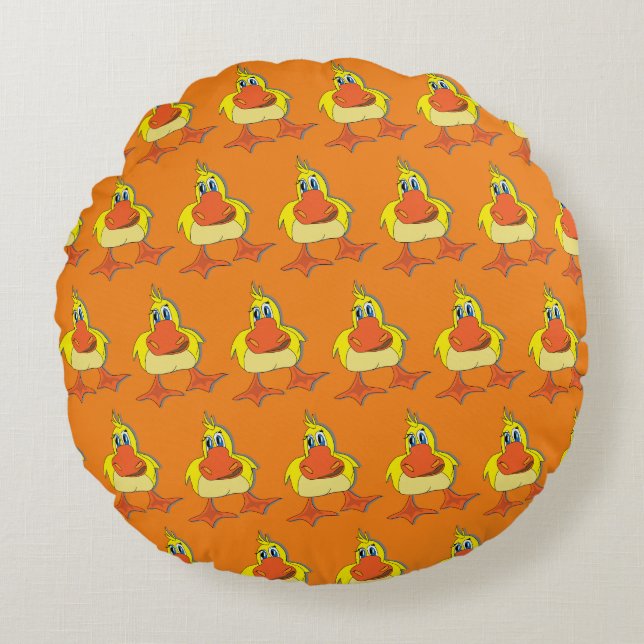 Cute Yellow Cartoon Duck Round Pillow (Front)