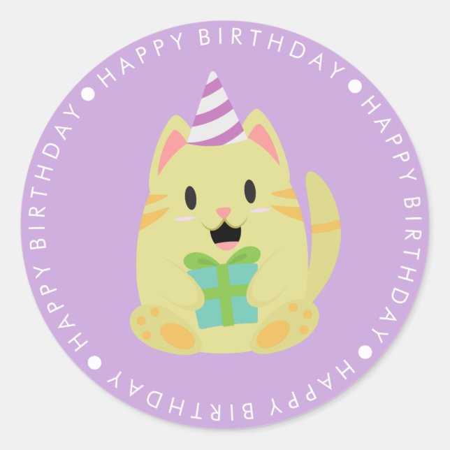 Cute Yellow Cat Happy Birthday Classic Round Sticker (Front)