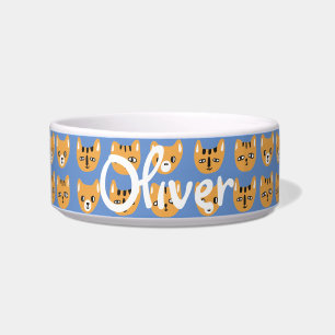Cute Yellow Cat Head Pattern Customizable Name Bow Bowl