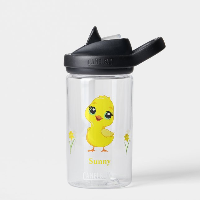 Cute Yellow Chick and Flowers Water Bottle (Left)