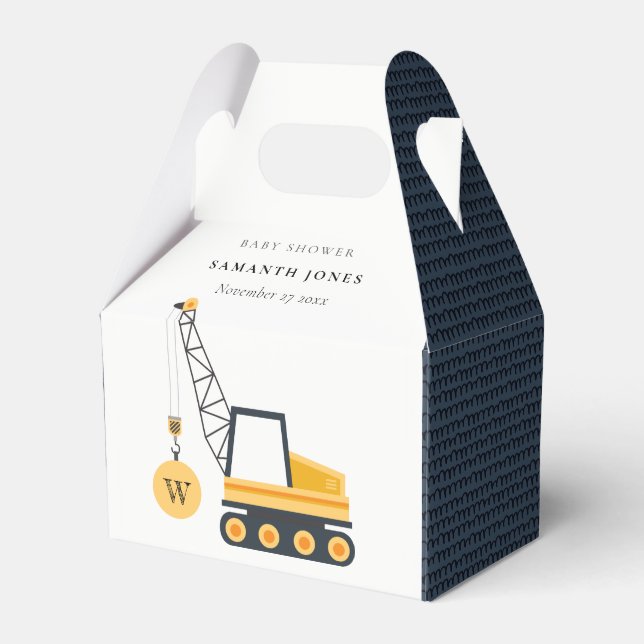 Cute Yellow Construction Crane Vehicle Baby Shower Favor Box (Front Side)