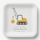 Cute Yellow Construction Crane Vehicle Baby Shower Paper Plate (Front)