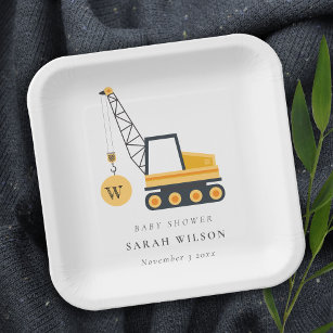 Cute Yellow Construction Crane Vehicle Baby Shower Paper Plate