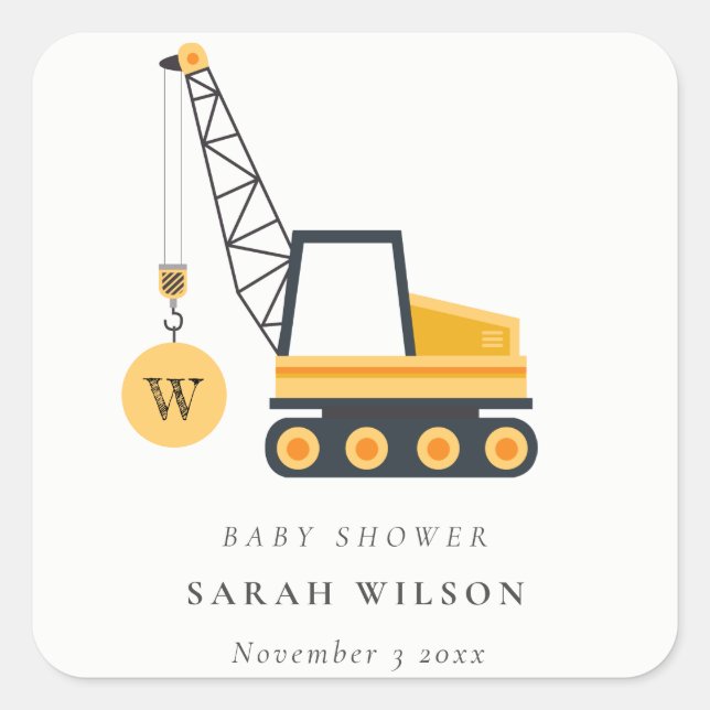 Cute Yellow Construction Crane Vehicle Baby Shower Square Sticker (Front)