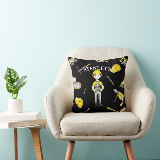 Cute Yellow Construction Truck Dump Name Throw Pillow (Chair)
